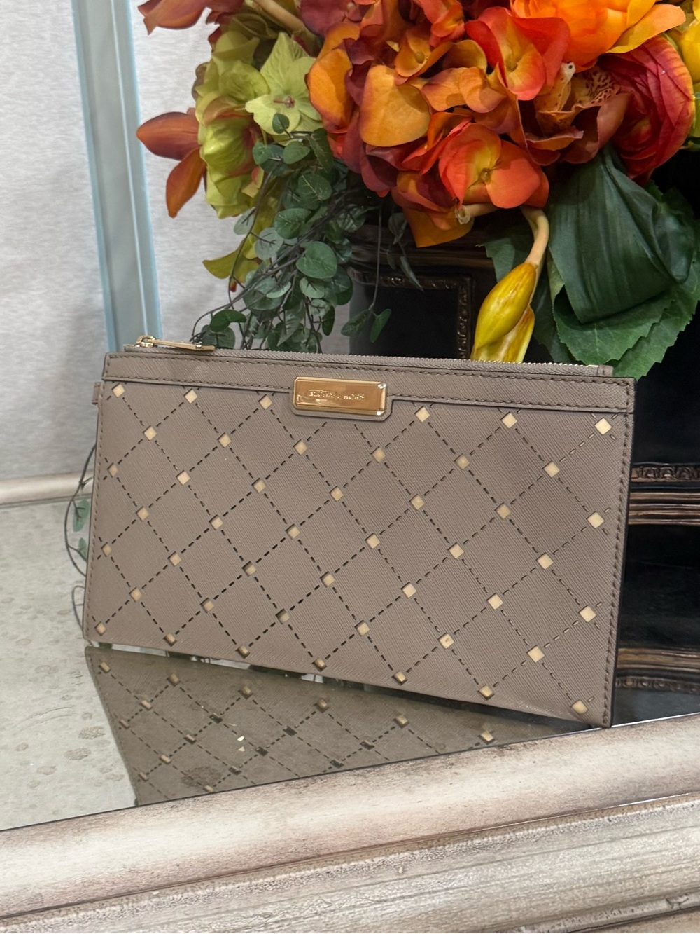 Michael Kors Taupe Quilted Clutch with Gold Studs